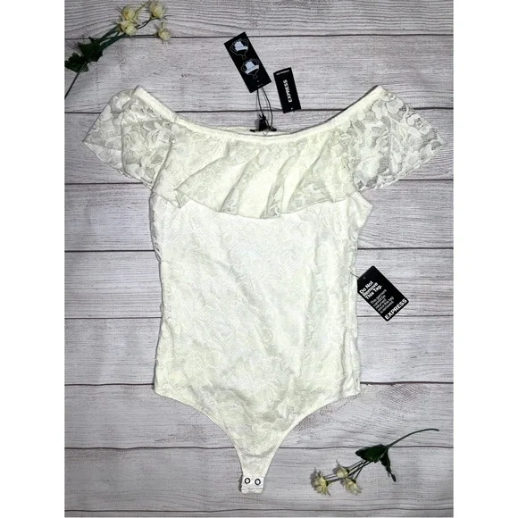 EXPRESS Off The Shoulder Ruffle Lace Thong Bodysuit - Picture 3 of 16